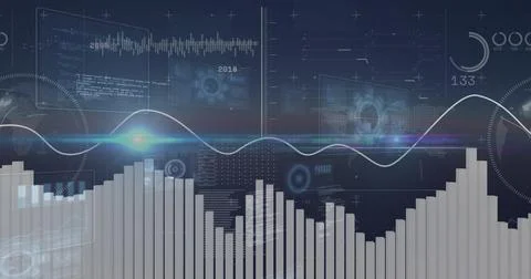 Showing gray vertical bar chart across lower half on blue data dashboard with Stock Photos