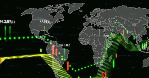 Showing gray world map data dashboard, green dots, yellow channel, red and green Stock Photos