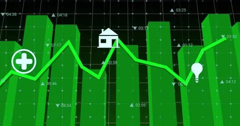 Showing green 3D bars rising on grid dashboard, with line graph and medical, Stock Illustration