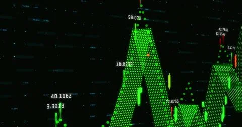 Showing green 3D dotted chart on dark trading screen with candlesticks, red m 스톡 일러스트