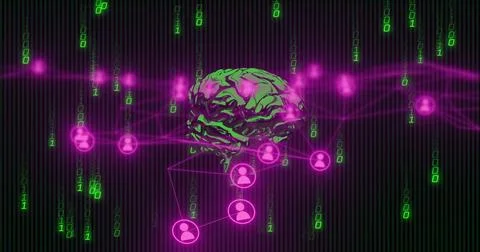 Showing green brain core pulsing, magenta user icons linking, binary falling on Stock Illustration