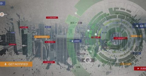 Showing green interface over skyscraper skyline with bell icons, SUBSCRIBED, Stock Illustration