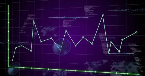 Showing green line graph with data nodes over purple grid, world map silhouettes イラスト素材