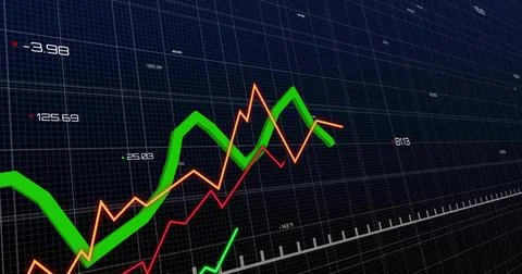 Showing green orange red data lines fluctuating on interface, with numeric la Stock Illustration