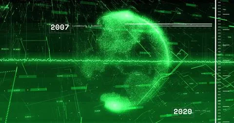 Showing green particle-based head silhouette emerging in digital matrix, with 写真素材
