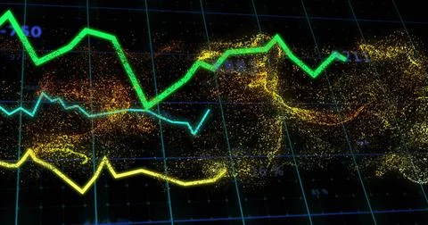 Showing green, teal, yellow line graphs on monitor with golden particles, cyan Stock Illustration