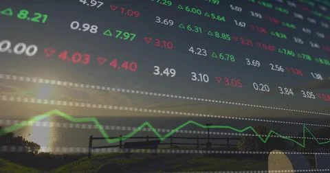 Showing green trend line chart overlaying waterfront at dusk, with grid lines Stock Photos