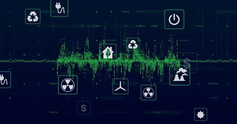 Showing green waveform graph on dark panel, with energy icons, data points, grid Foto stock