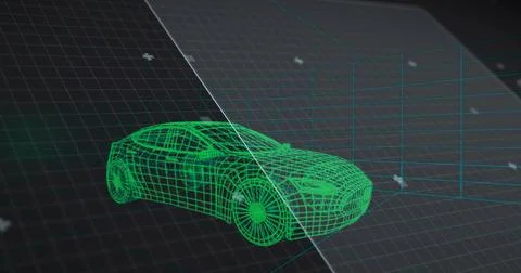 Showing green wireframe car rotating over grid featuring perspective lines and Ilustração Stock