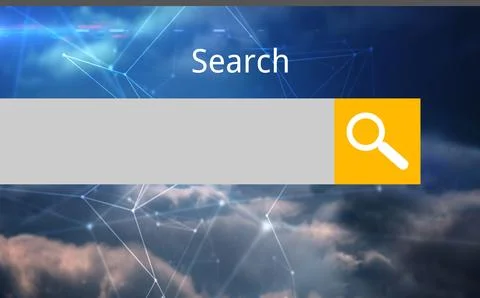 Showing grey search bar on cloudy network backdrop, yellow button with magnifier Stock Illustration