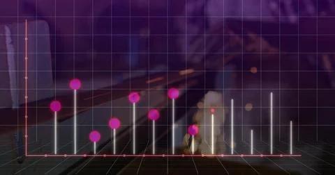 Showing grid plane with vertical bars and magenta spheres at desk, with laptop Stock Illustration