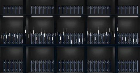 Showing grid of recessed server racks in data center, featuring rack-mounted Stock Illustration