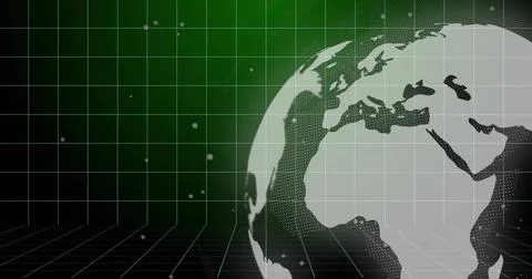 Showing halftone globe occupying right foreground on perspective grid with gr Illustrazione stock