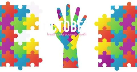 Showing hand shape featuring multicolored puzzle pattern, October breast cancer Stock Photos