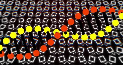 Showing helix slanting on digital screen, yellow nodes, black rods, glowing Stock Illustration