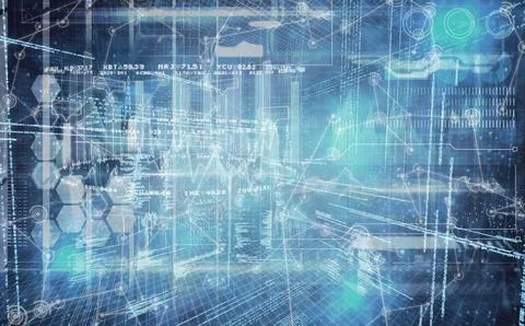 Showing hex icons, line graphs, numeric code and network nodes in 3D grid on Stock-Illustration