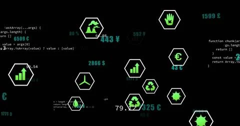 Showing hexagonal icons floating on digital dashboard, with green symbols, teal 스톡 일러스트