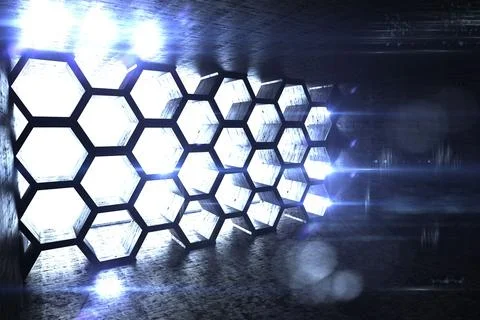 Showing hexagonal light panels glowing inside metallic sci fi 3D render corridor Stock Illustration
