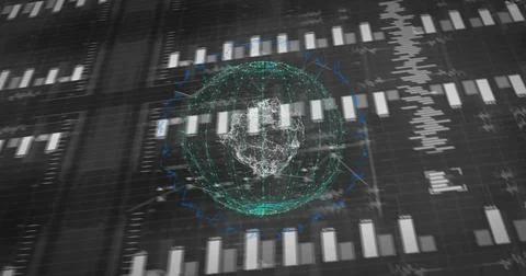 Showing hologram wireframe sphere rotating in virtual dashboard, with skull node Stock Illustration