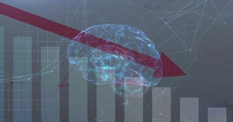 Showing holographic brain intersecting red falling arrow on analytics canvas, Stock Illustration