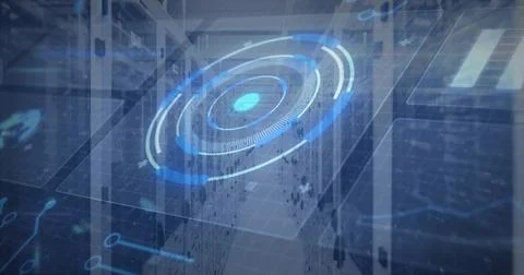 Showing holographic circular interface hovering in server room aisle, with Foto stock