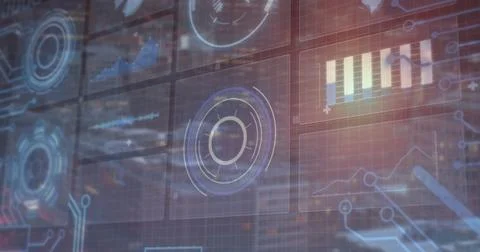 Showing holographic data interface in tech lab, with concentric gauges, bar 스톡 사진