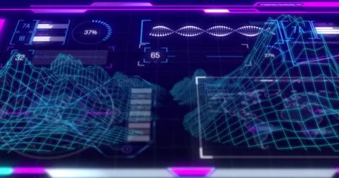 Showing holographic wireframe map centered on digital dashboard, with 37% gauge Stock Illustration