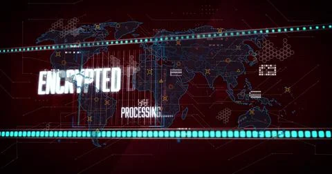 Showing holographic world map on security UI, with ENCRYPTED, PROCESSING labels, Stock Illustration