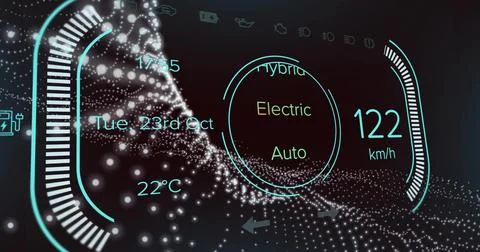 Showing HUD in dash, displaying mode gauge, 122 km or h speed, segmented gauges, Stock Illustration