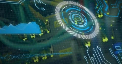 Showing HUD element on screen with blue area chart, glowing nodes, dotted lines, Stock Photos