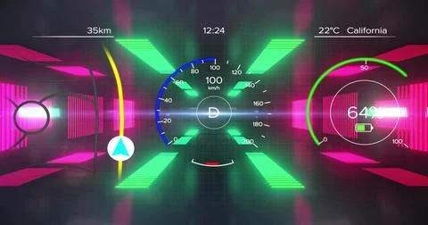 Showing HUD speedometer in cockpit, displaying D mode, blue arc, 35km bar, 64% Stock Illustration