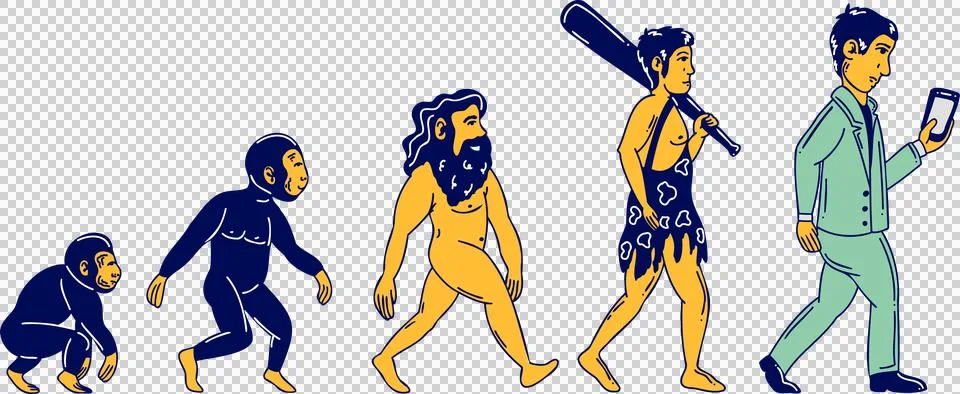 Showing human evolution in flat style from club or loincloth to suit or Ilustración de archivo