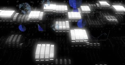 Showing illuminated data blocks floating in virtual grid with binary bits, line Foto stock
