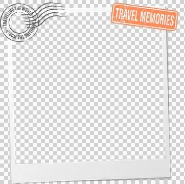 Showing instant camera frame with wavy postal mark  and  TRAVEL MEMORIES stamp, Stock Illustration