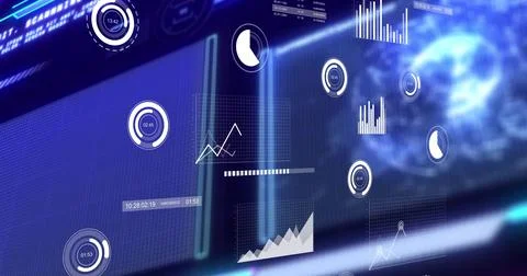 Showing interface on command center screen with floating charts, circular イラスト素材