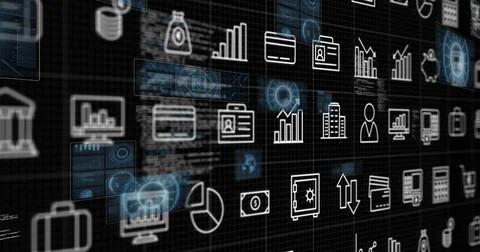 Showing interface featuring grid of business and finance icons on dark Foto stock