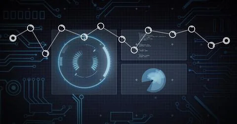 Showing interface overlaying dark blue circuit grid, with glowing circular gauge Stock Photos