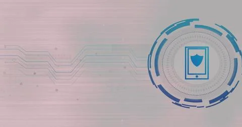 Showing interface on screen with tablet icon, shield emblem and circuit circles Stock Photos
