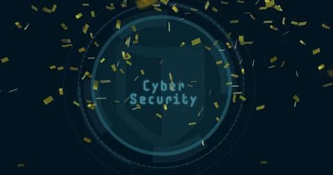 Showing interface with shield, rings on navy backdrop, floating gold confetti Stock Illustration