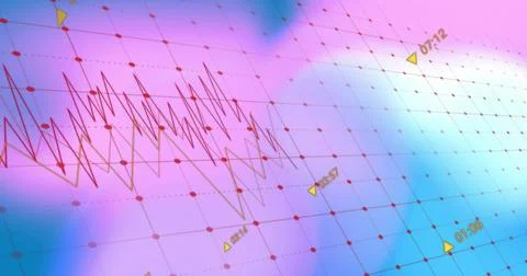 Showing jagged red line plot on gradient plane, dotted grid, red nodes, yellow Ilustración de archivo