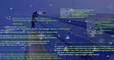 Showing JS code over blurred server racks in data center, with social icons and Stock-Fotos