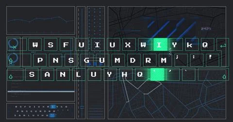 Showing keyboard interface flashing green keys on dashboard, with data panels Stock Illustration