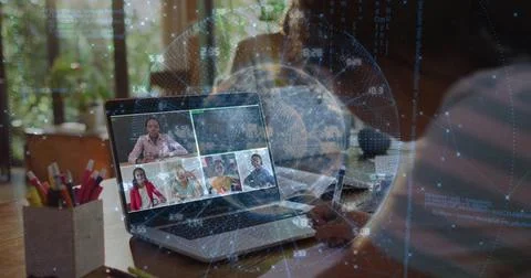Showing laptop displaying virtual class at home desk, host wearing light blazer, Stock Photos