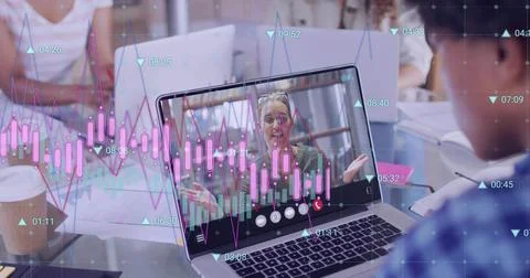 Showing laptop screen, presenter in patterned top gesturing on live call in 写真素材