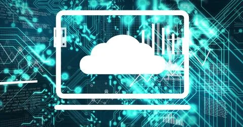 Showing laptop streaming cloud computing on digital interface, with bar chart Stockfoto's