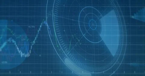 Showing large circular radar HUD occupying right data dashboard, with line Stock Illustration