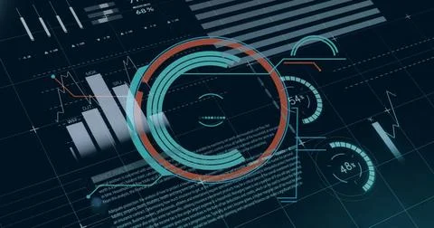 Showing large concentric ring visualization linking gauges on monitor, with bar Stock Photos