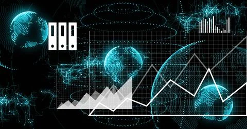 Showing large dotted globe at right with white zigzag line chart overlay on Stock Photos
