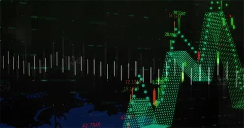 Showing large green dotted mesh chart on dark screen, featuring candlestick Stock Illustration