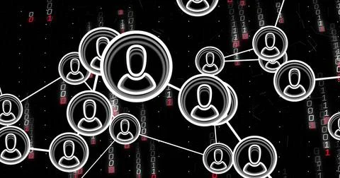 Showing large round avatar node glowing left in data network, with edges, binary Stock Illustration